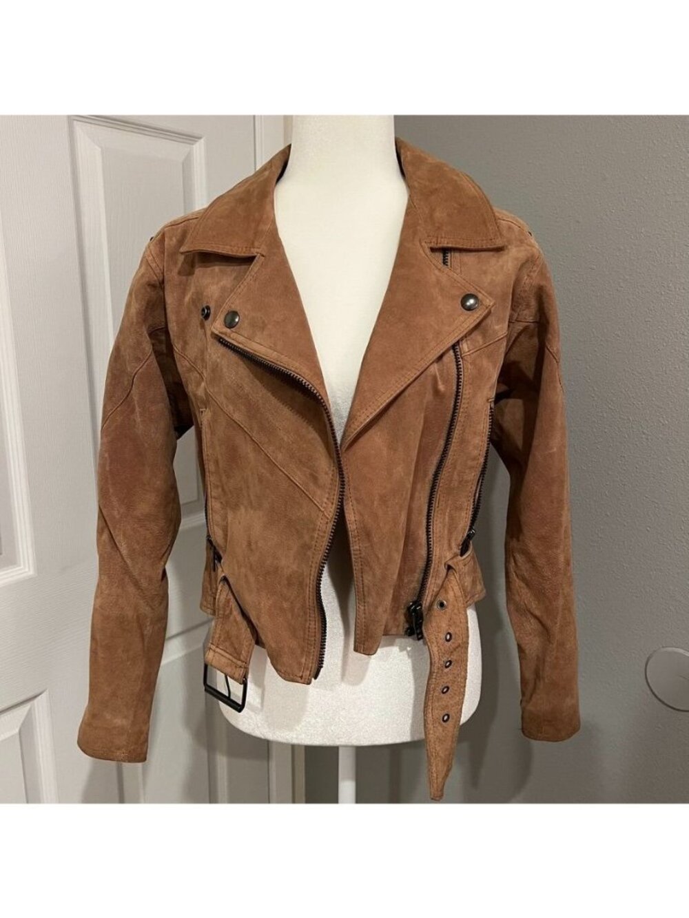 Camel Tan Leather Suede Moto Jacket Size Small